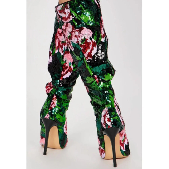 Fashion Nova Floral Colourful Fullly  Sequin Knee High Boots 6 - Picture 5 of 7